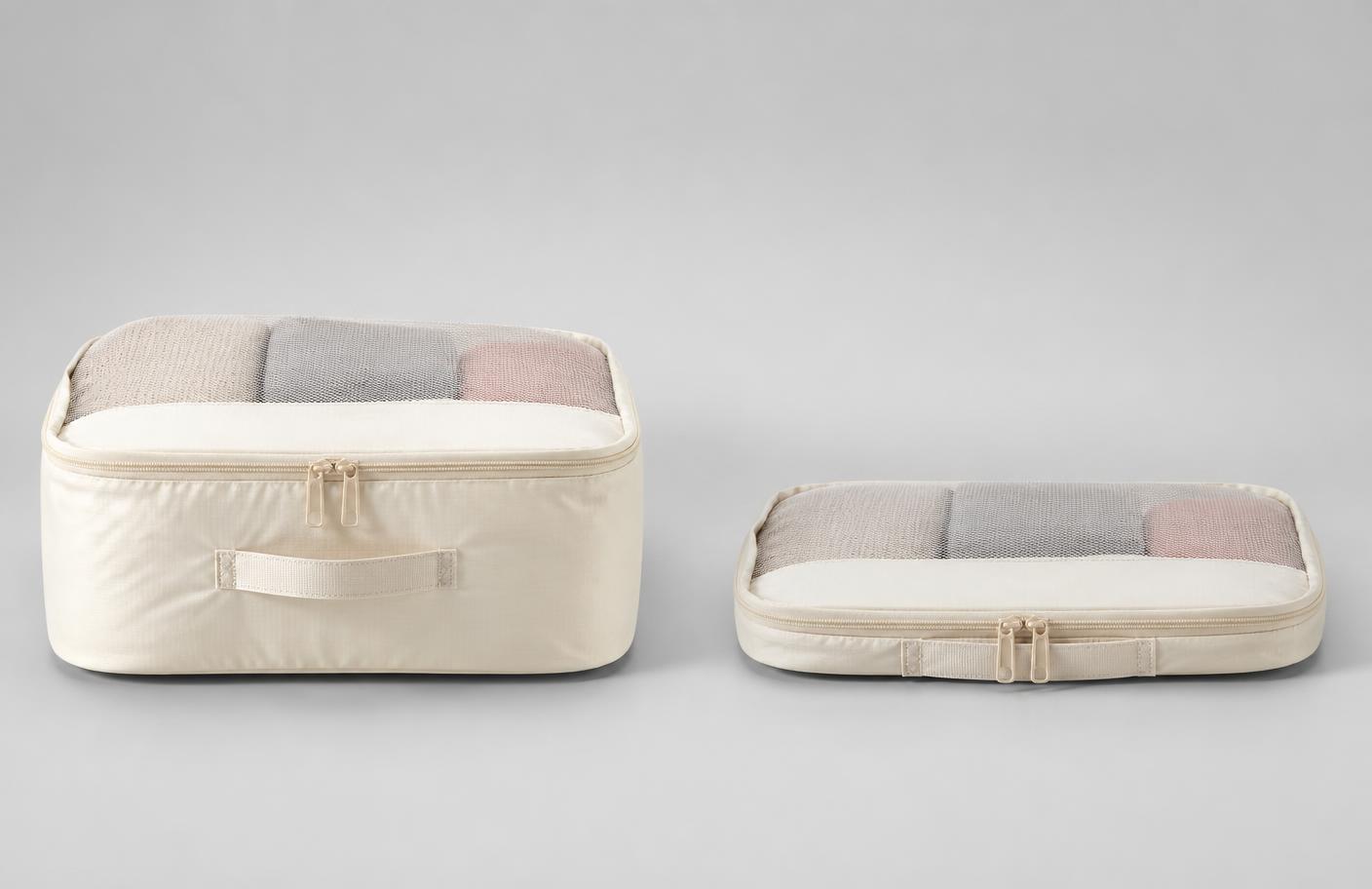 AeroPack cube shown uncompressed and compressed side by side