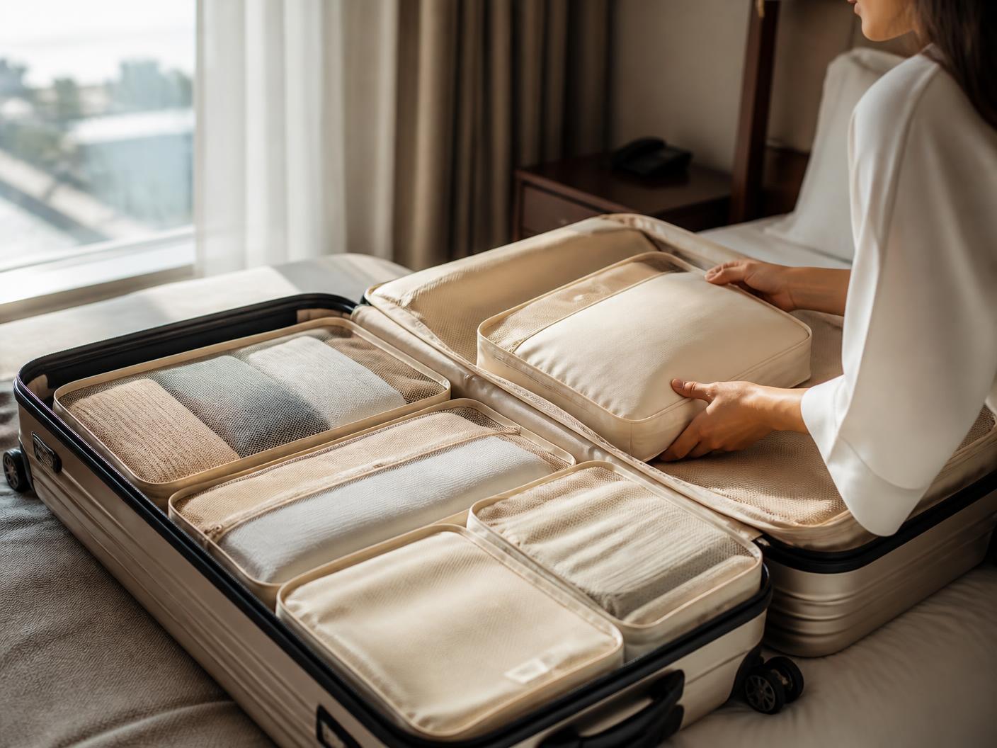 Cream AeroPack compression cubes packed neatly inside a carry-on suitcase